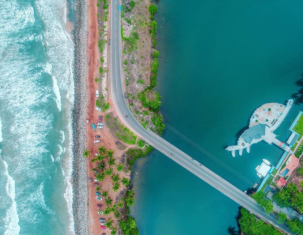 Drone shot of Kappil beach, Kerala